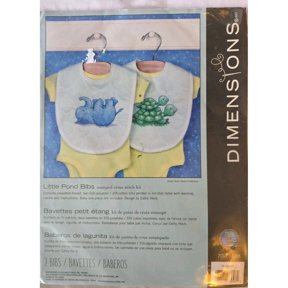 Dimensions Little Pond Bibs Stamped Cross Stitch Kit 70-73698 Elephant Turtle